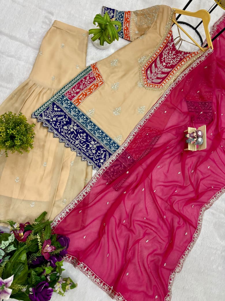 Heavy 3-Piece Silk Suit Set with Embroidery Work & Fancy Lace