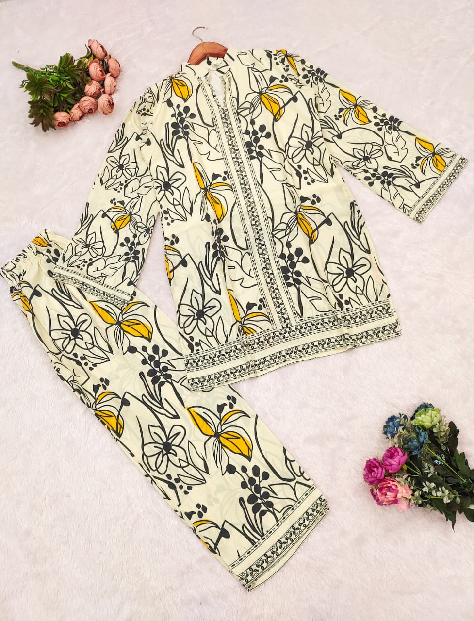 Printed Pure Malai Satin Silk Co-Ord Set – Top & Pant