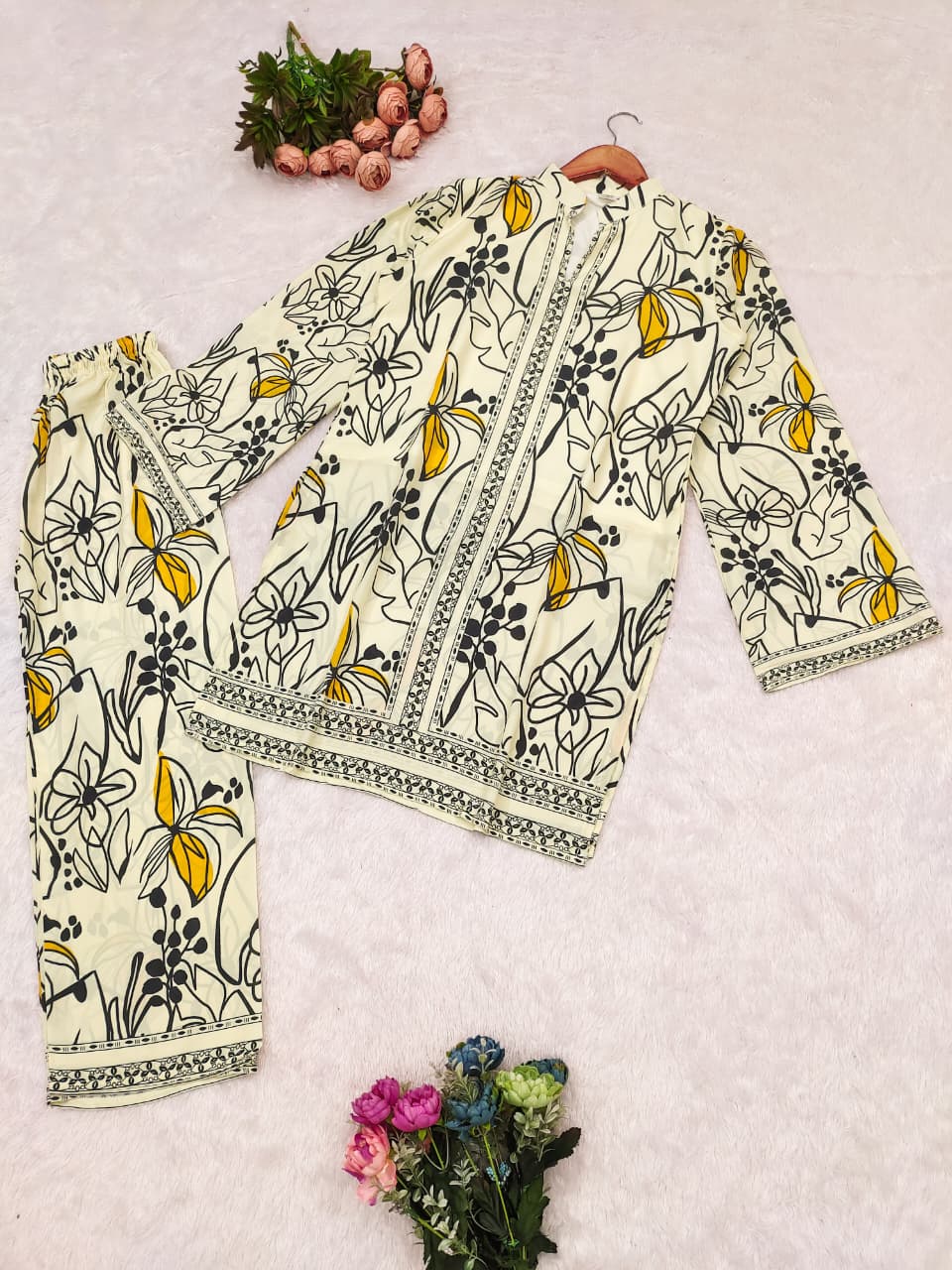 Printed Pure Malai Satin Silk Co-Ord Set – Top & Pant