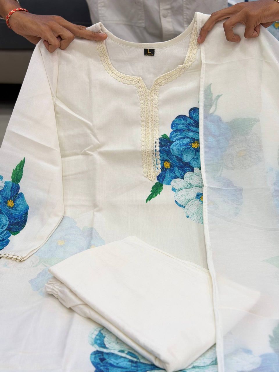 Off-White Multi-Print Linen Cotton Kurta Set with Dupatta – 3 Piece Festival Collection