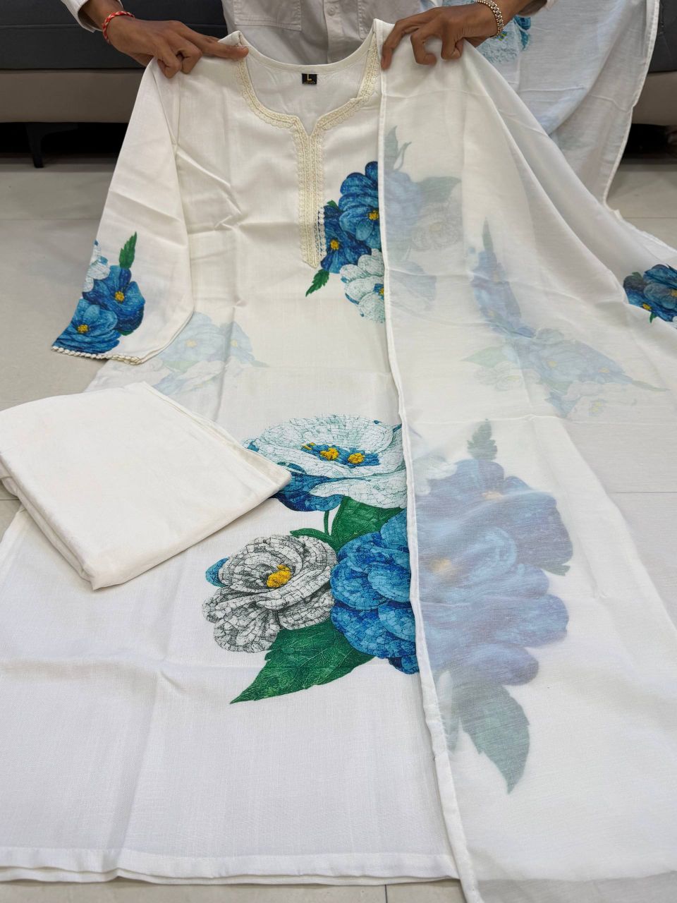 Off-White Multi-Print Linen Cotton Kurta Set with Dupatta – 3 Piece Festival Collection