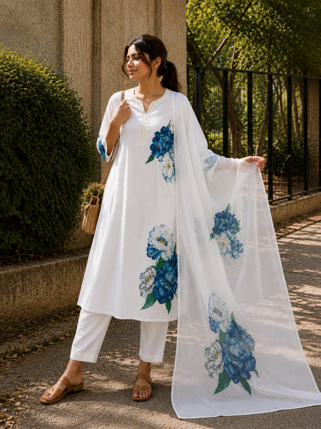 Off-White Multi-Print Linen Cotton Kurta Set with Dupatta – 3 Piece Festival Collection