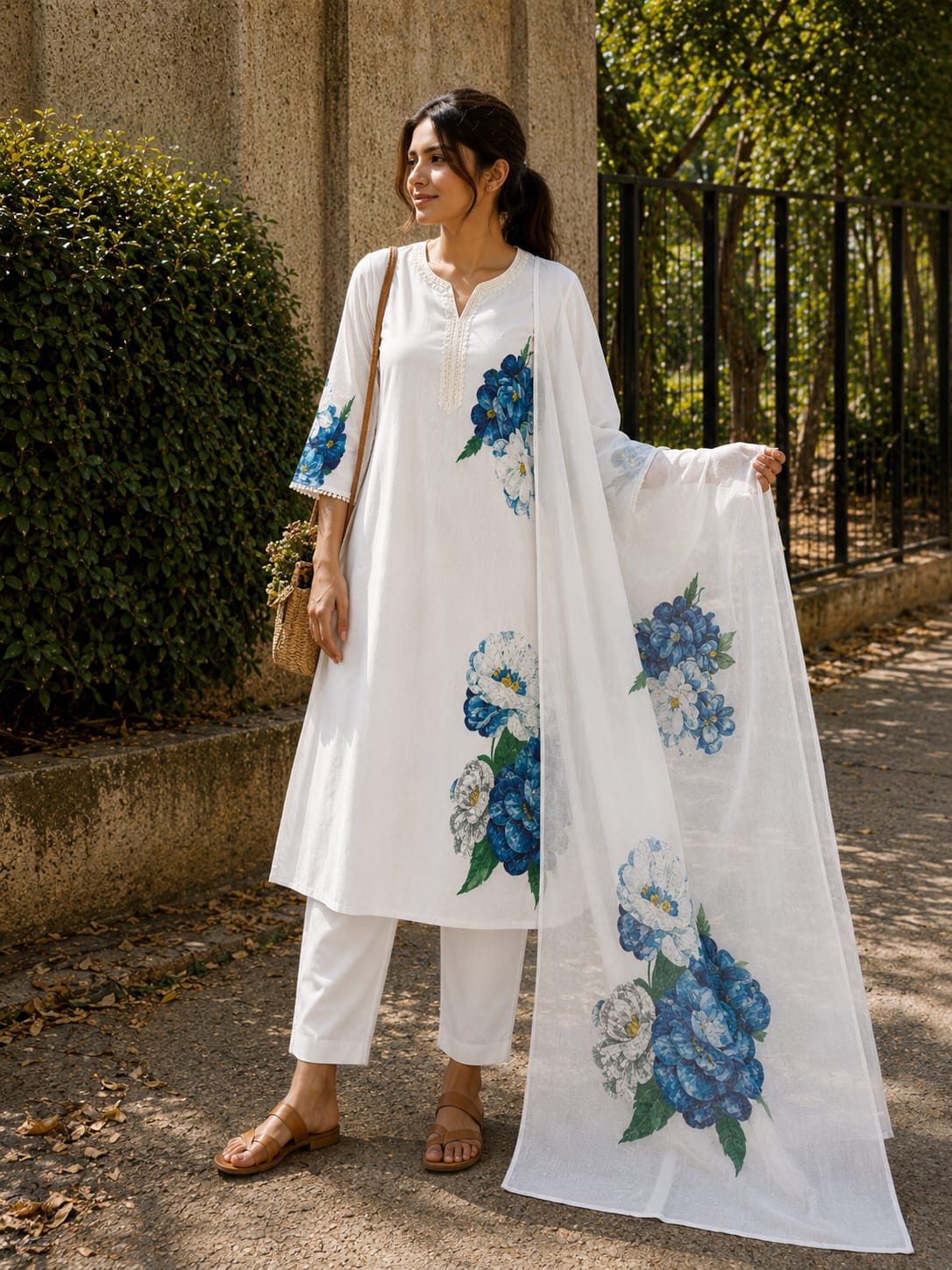 Off-White Multi-Print Linen Cotton Kurta Set with Dupatta – 3 Piece Festival Collection