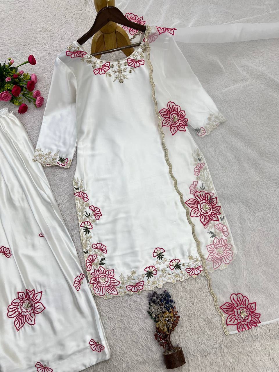 Product Title Pure Devsena Silk Heavy Embroidered Top with Farshi Shalwar & Tabby Organza Dupatta Set