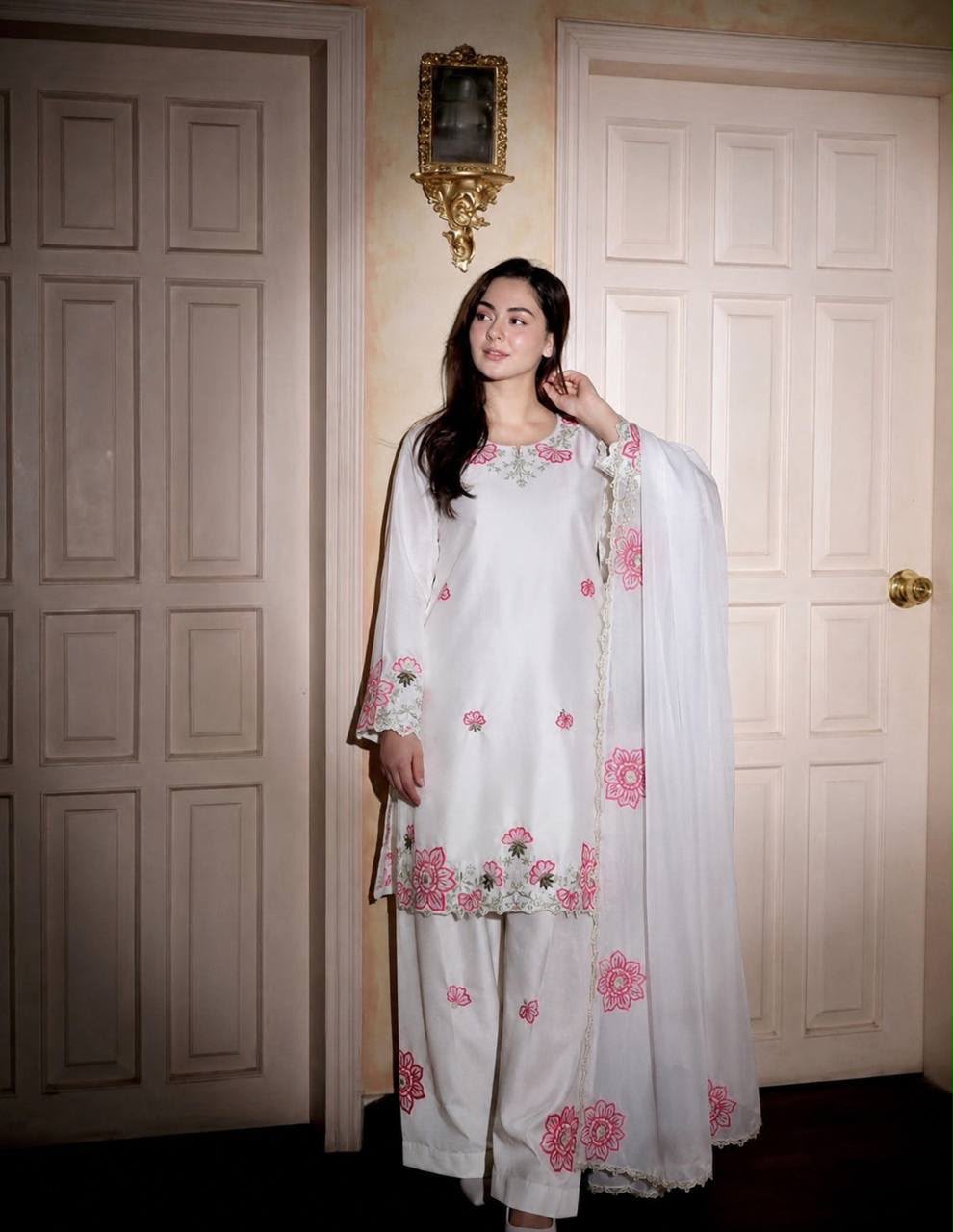 Product Title Pure Devsena Silk Heavy Embroidered Top with Farshi Shalwar & Tabby Organza Dupatta Set