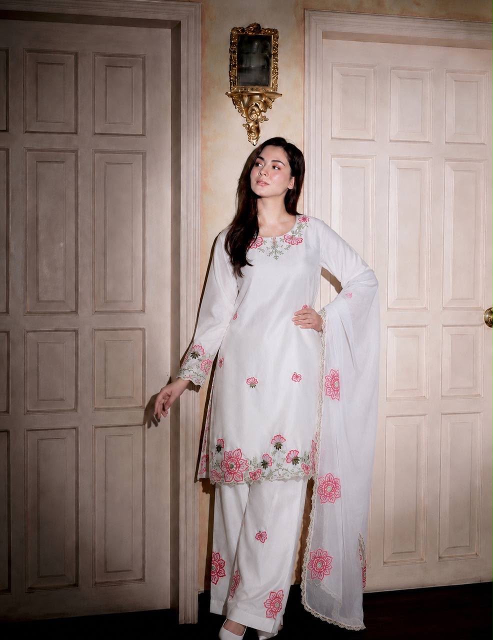Product Title Pure Devsena Silk Heavy Embroidered Top with Farshi Shalwar & Tabby Organza Dupatta Set
