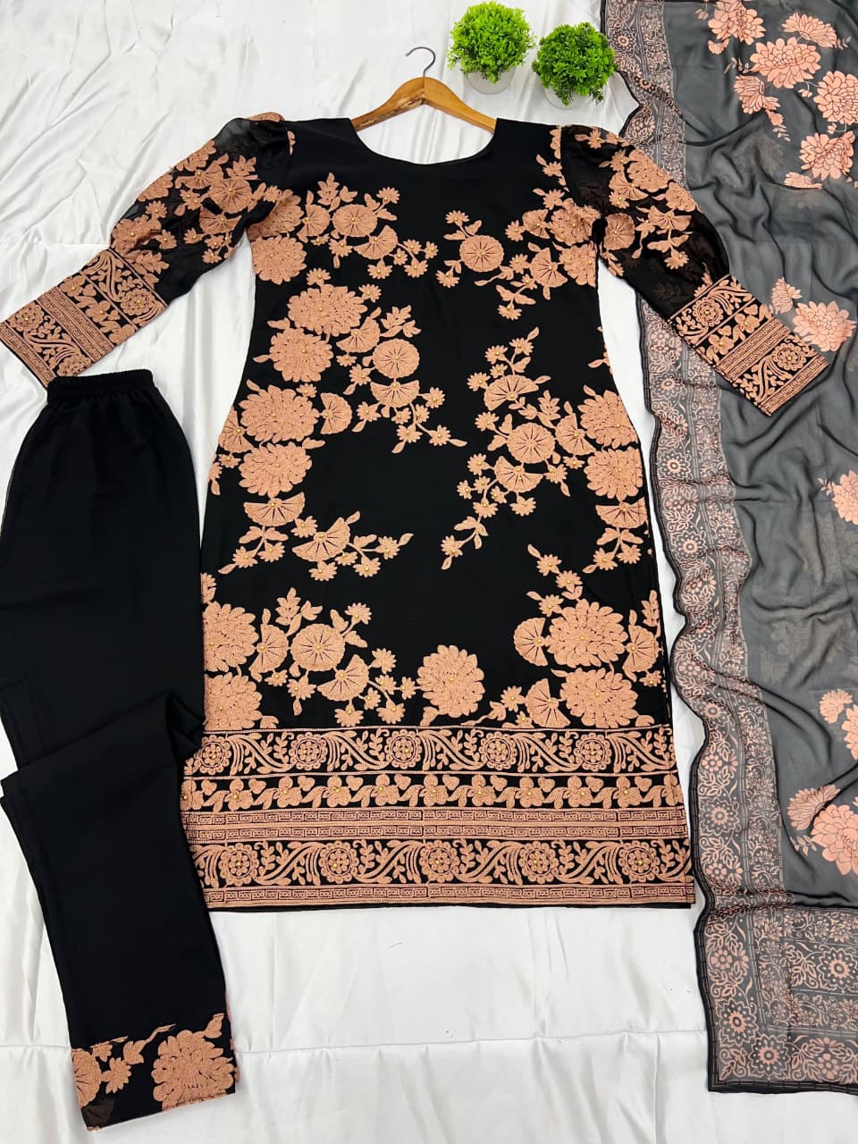 Designer Party Wear Heavy Georgette Top, Bottom & Printed Dupatta Set