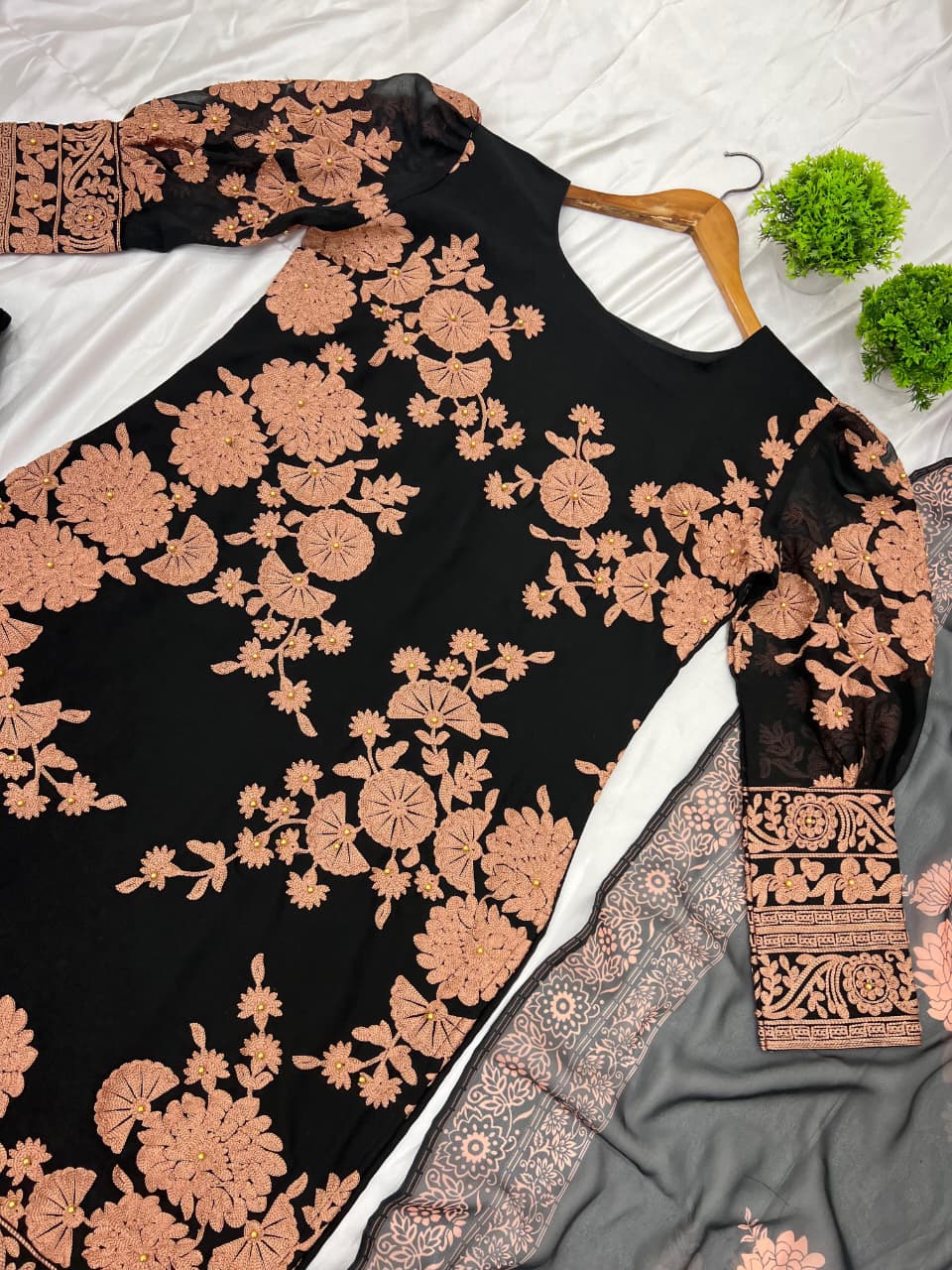 Designer Party Wear Heavy Georgette Top, Bottom & Printed Dupatta Set
