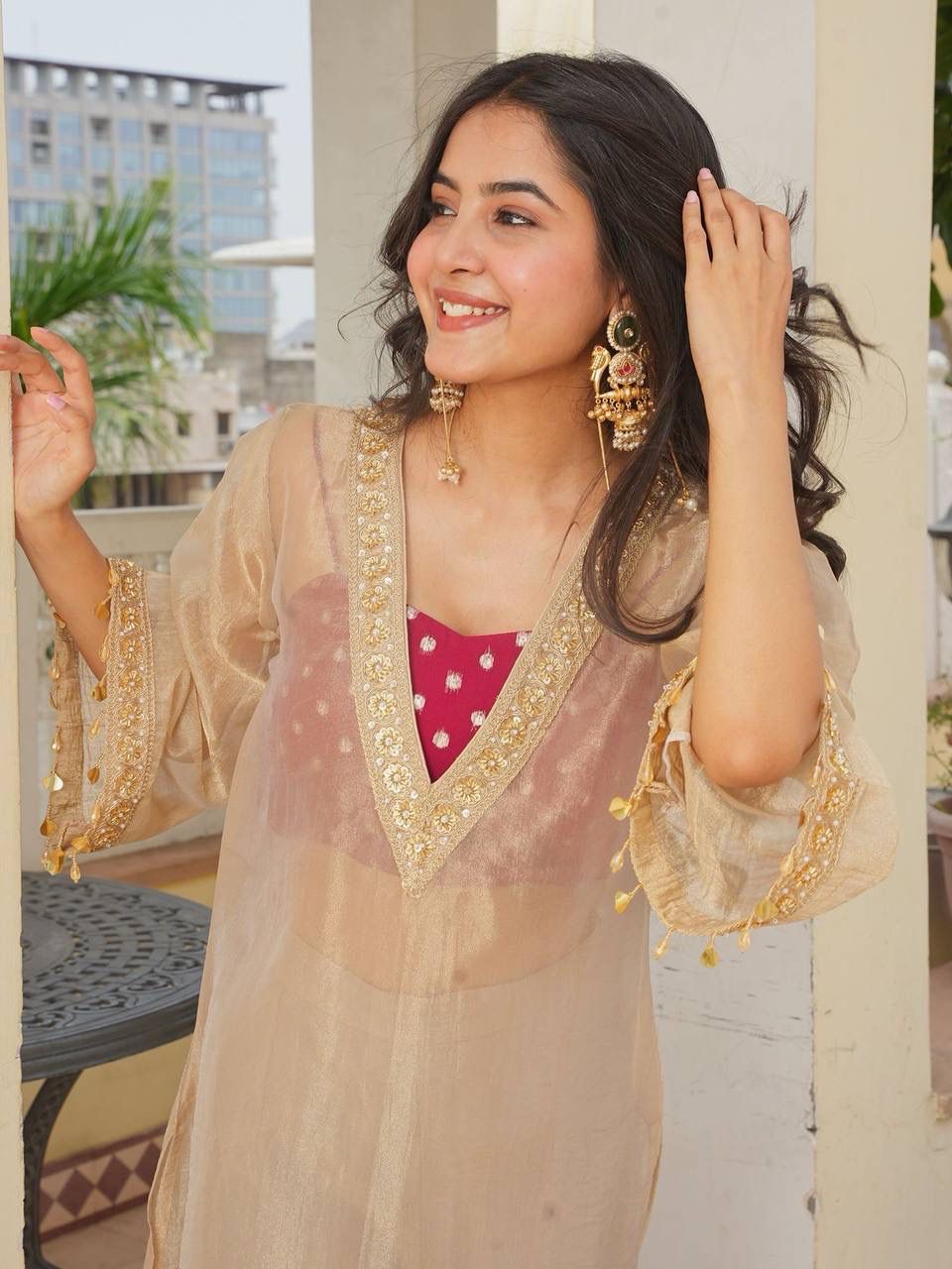 Designer Golden Tissue Salsa Three-Piece Kurta Set