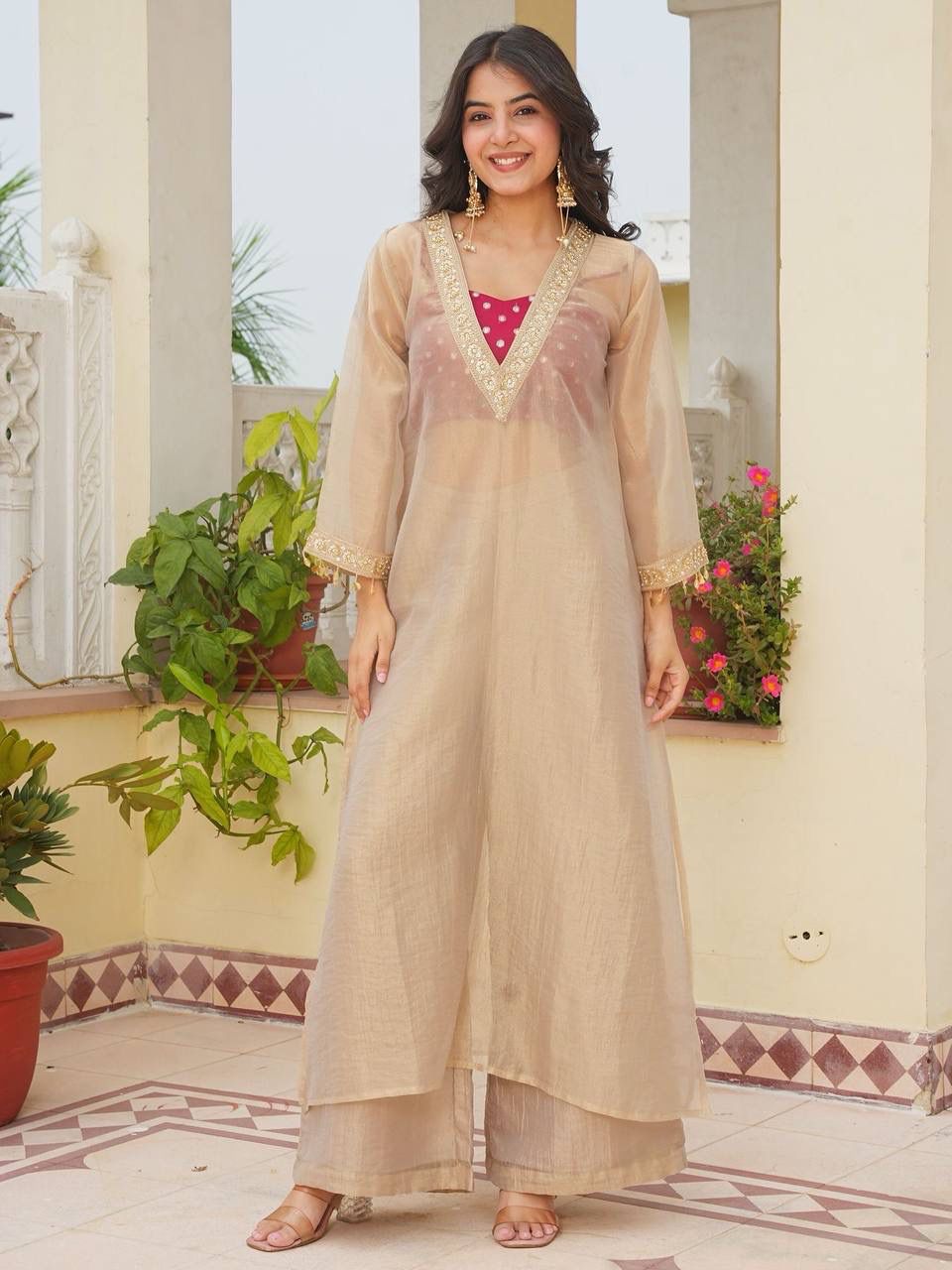 Designer Golden Tissue Salsa Three-Piece Kurta Set