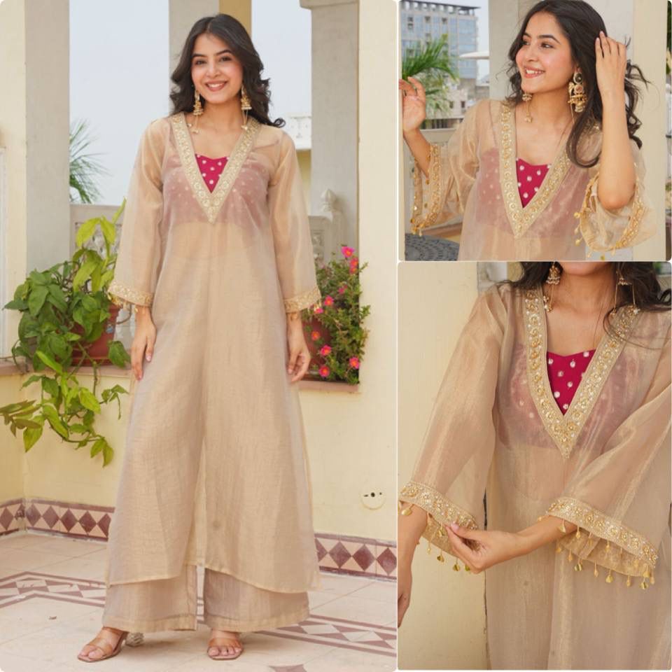 Designer Golden Tissue Salsa Three-Piece Kurta Set