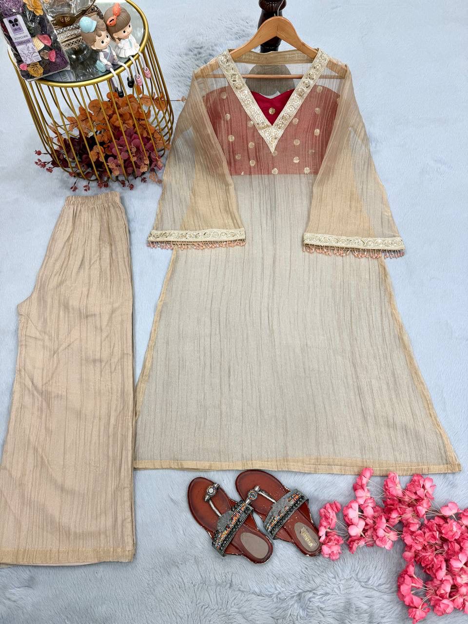 Designer Golden Tissue Salsa Three-Piece Kurta Set