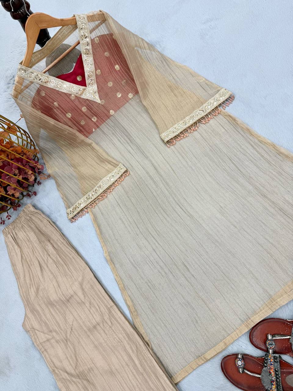 Designer Golden Tissue Salsa Three-Piece Kurta Set