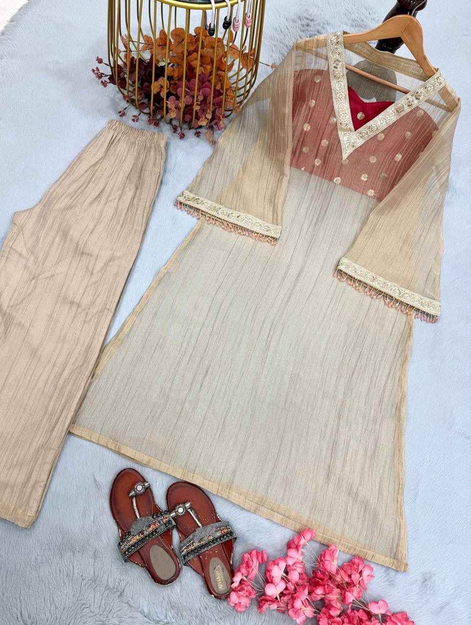 Designer Golden Tissue Salsa Three-Piece Kurta Set