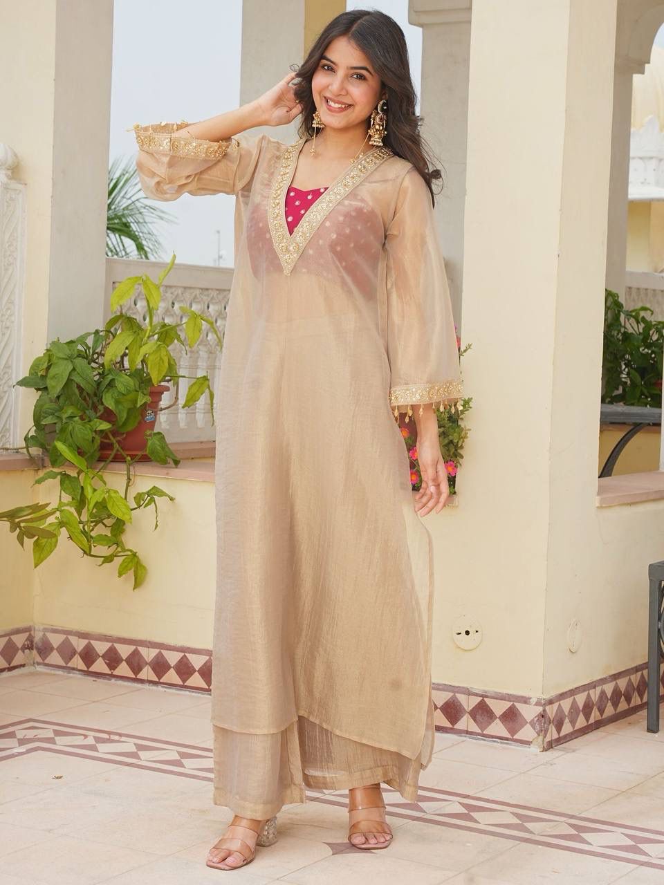Designer Golden Tissue Salsa Three-Piece Kurta Set