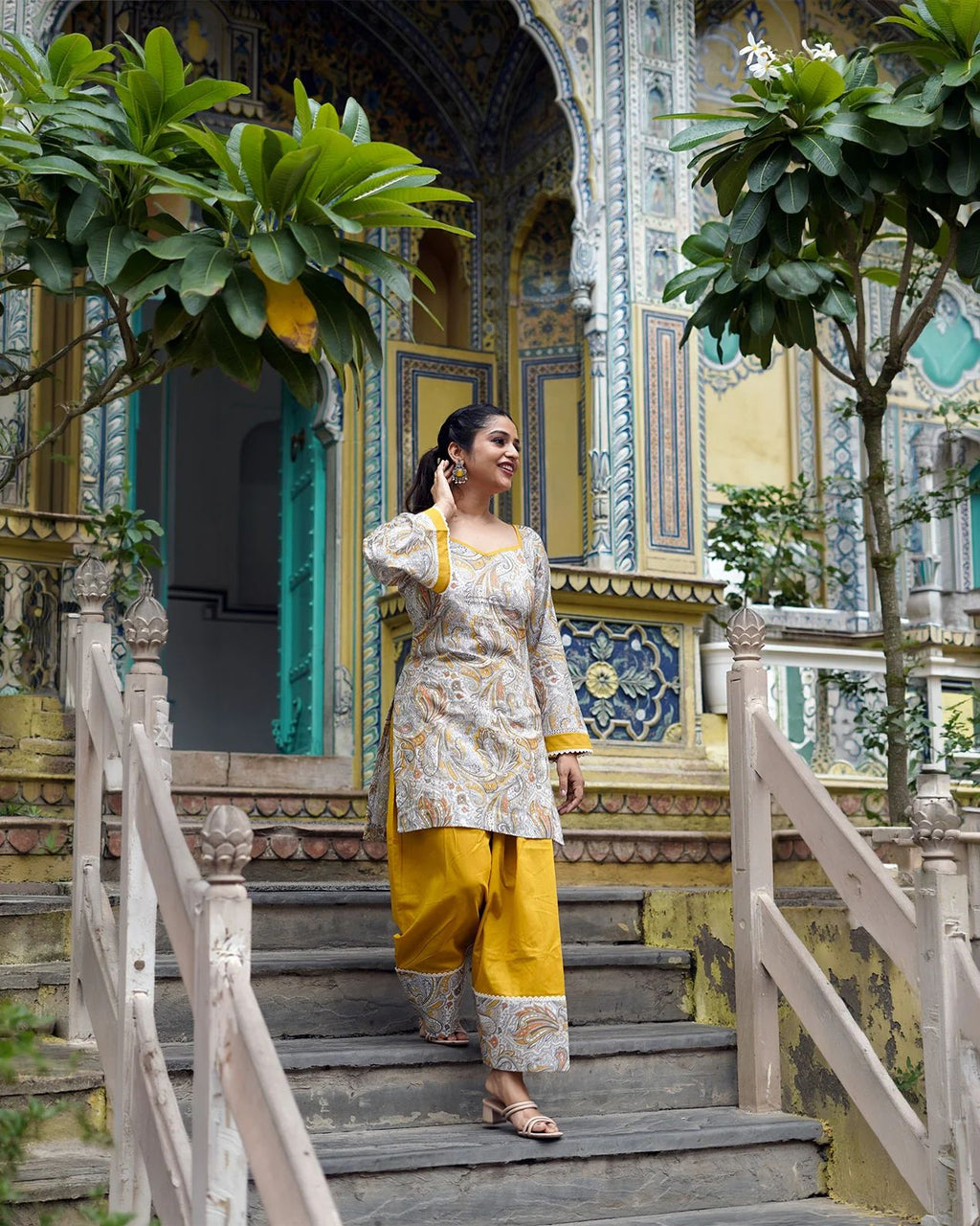 Designer Party Wear Digital Print Top, Farshi Salwar & Dupatta Set