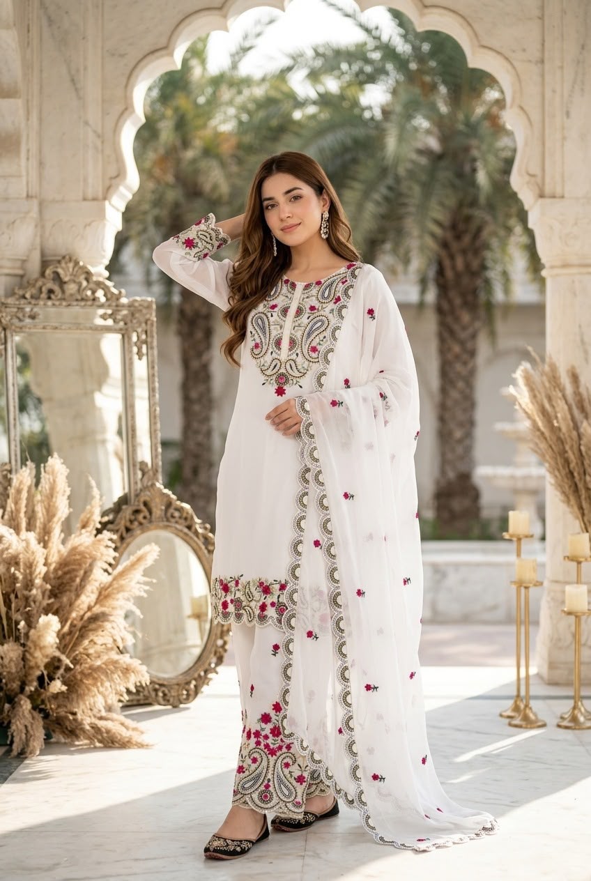 Premium Roman Silk Embroidered Top, Palazzo & Dupatta Set
