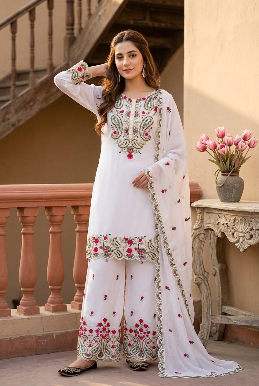 Premium Roman Silk Embroidered Top, Palazzo & Dupatta Set
