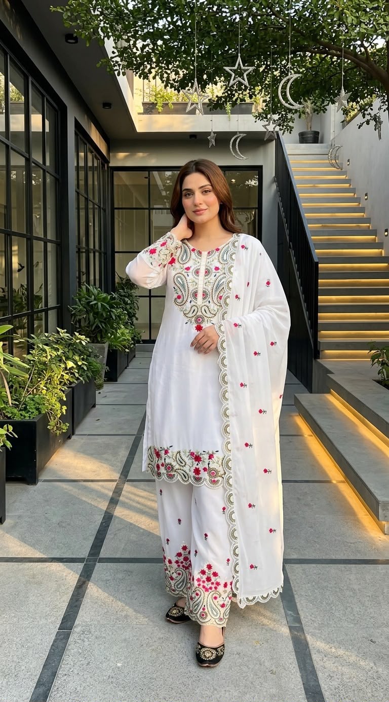Premium Roman Silk Embroidered Top, Palazzo & Dupatta Set