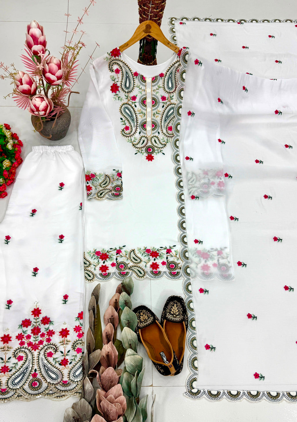 Premium Roman Silk Embroidered Top, Palazzo & Dupatta Set