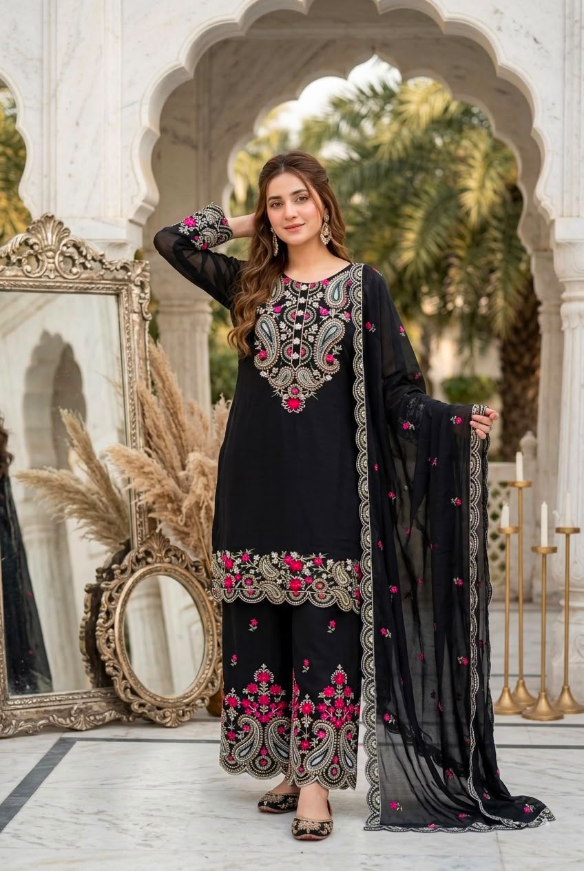 Premium Roman Silk Embroidered Top, Palazzo & Dupatta Set