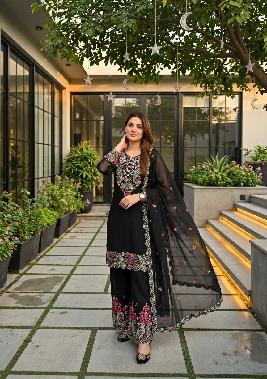 Premium Roman Silk Embroidered Top, Palazzo & Dupatta Set