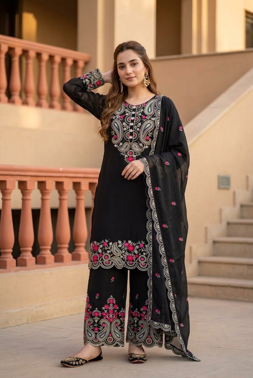Premium Roman Silk Embroidered Top, Palazzo & Dupatta Set