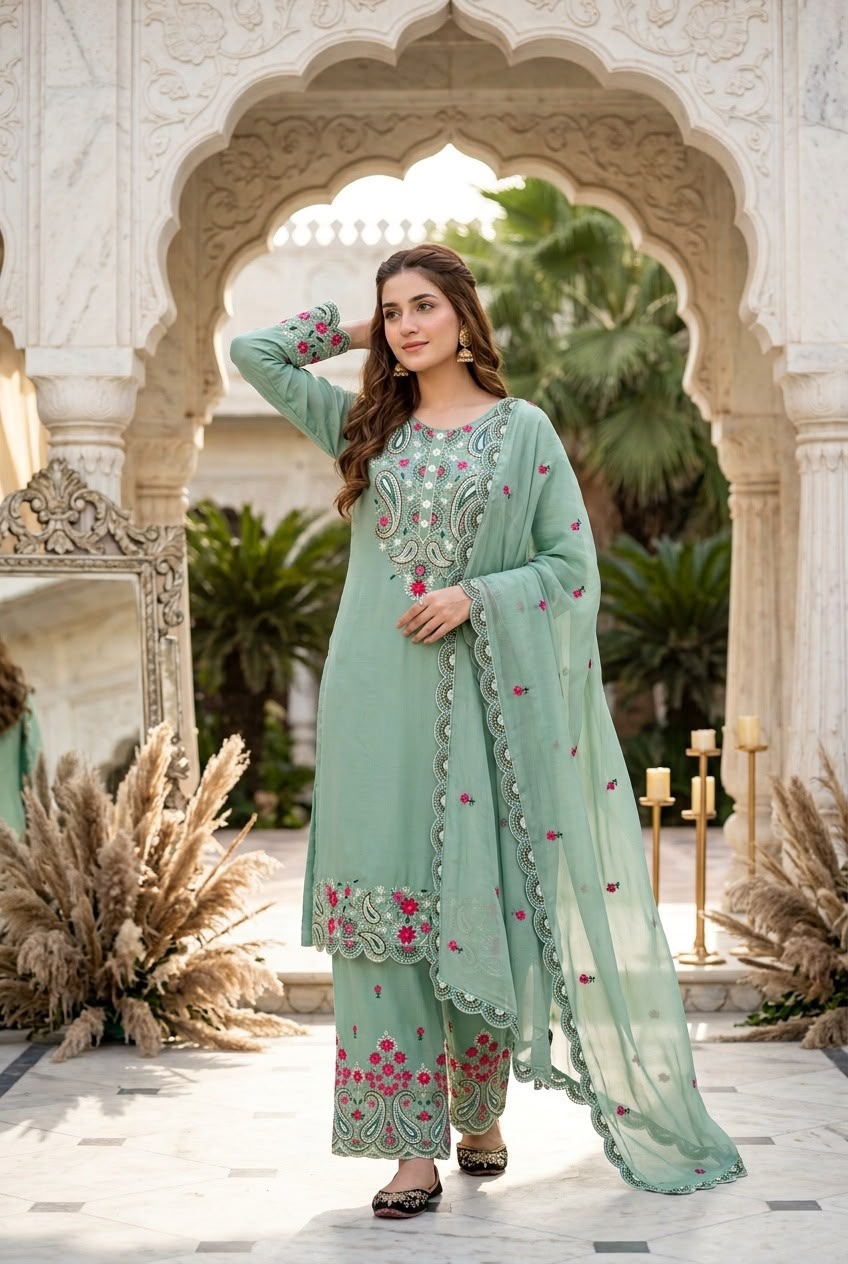Premium Roman Silk Embroidered Top, Palazzo & Dupatta Set