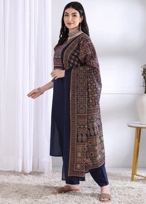 Three Colour Ajarak Kurti Set (with Dupatta)