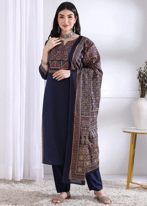 Three Colour Ajarak Kurti Set (with Dupatta)