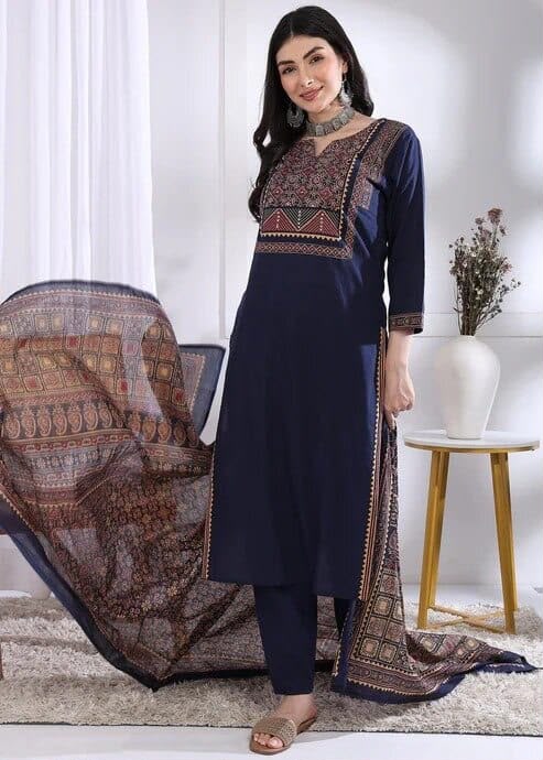 Three Colour Ajarak Kurti Set (with Dupatta)