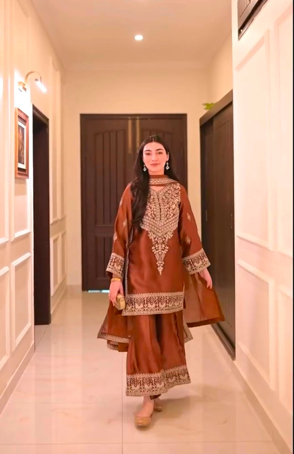Premium Chinon Silk Embroidered Top, Palazzo & Dupatta Set