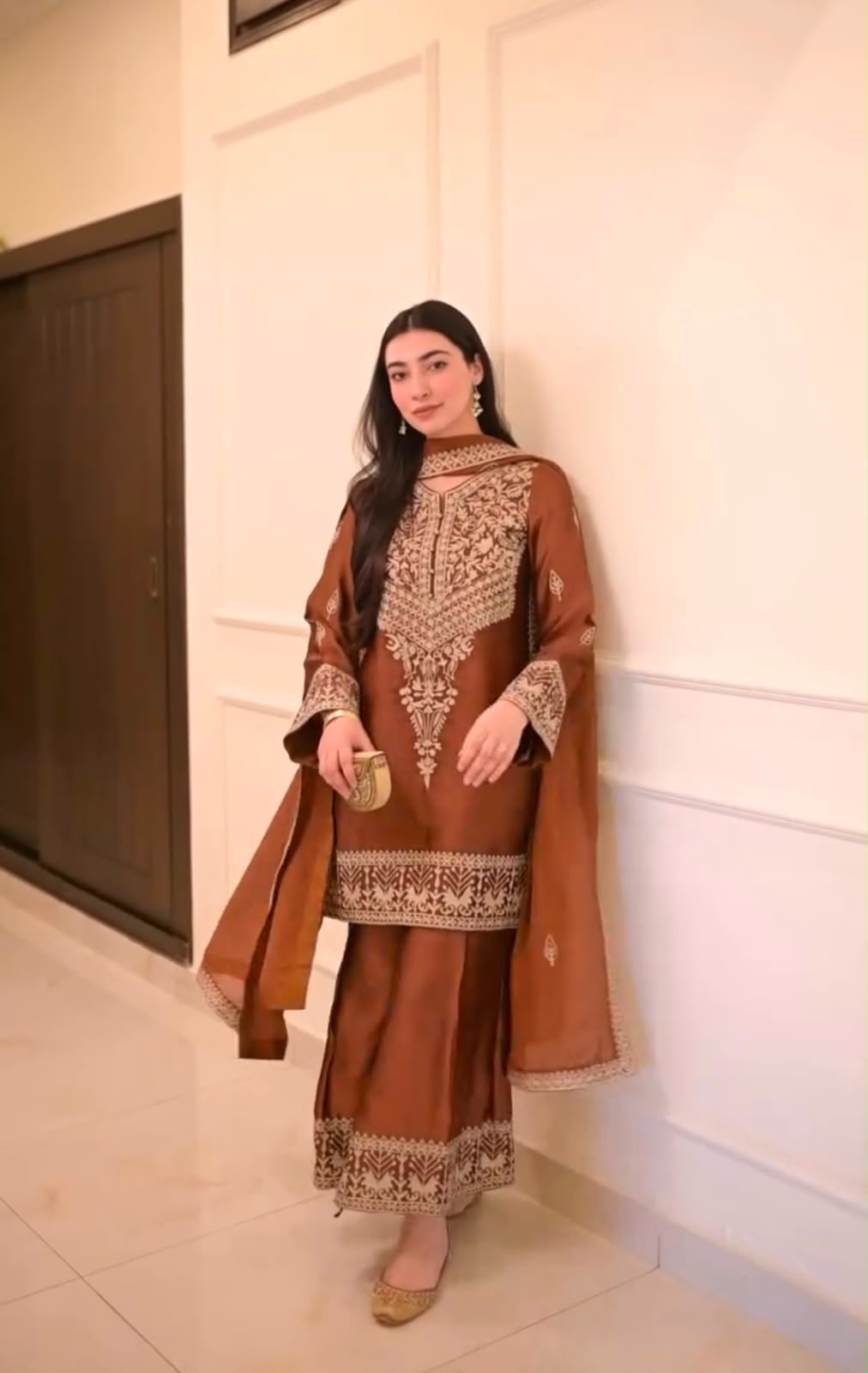 Premium Chinon Silk Embroidered Top, Palazzo & Dupatta Set