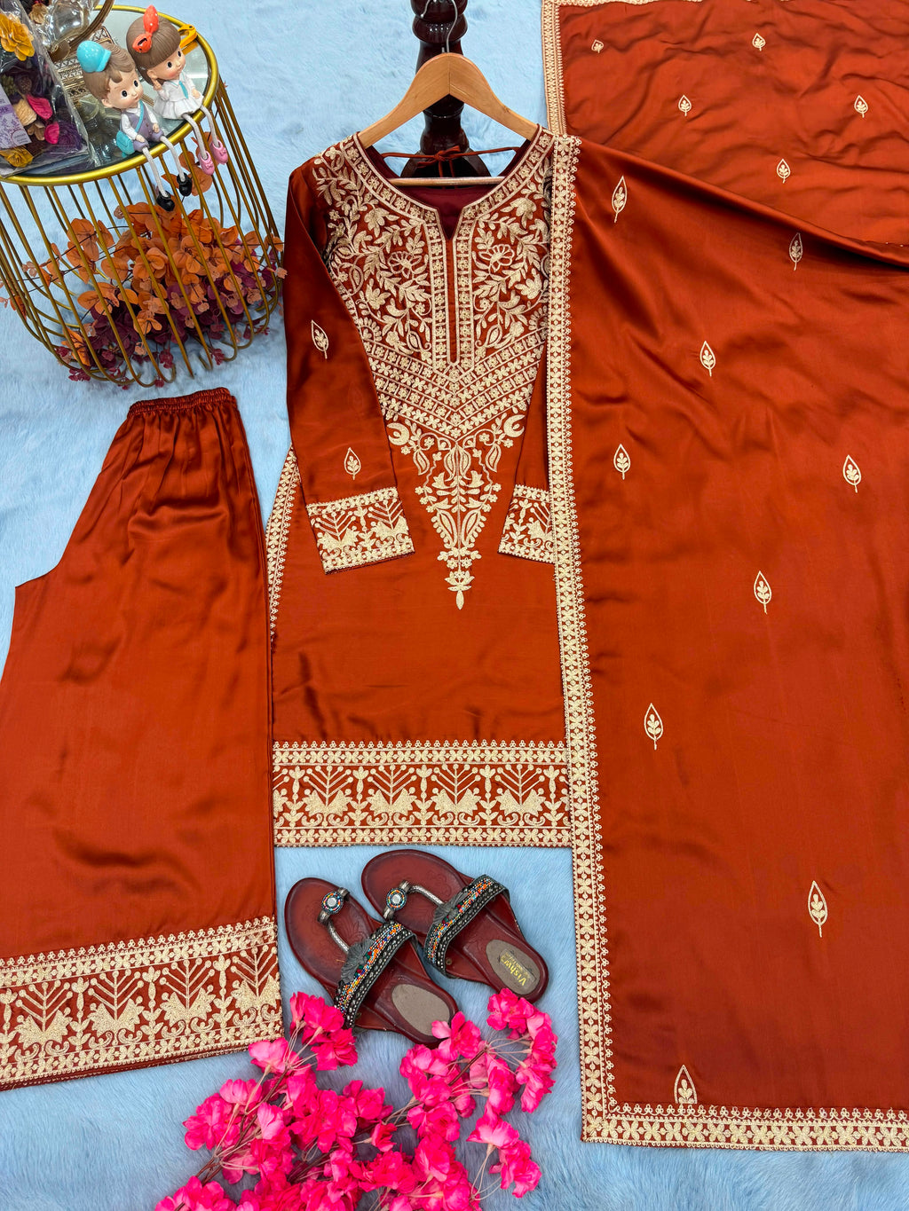 Premium Chinon Silk Embroidered Top, Palazzo & Dupatta Set