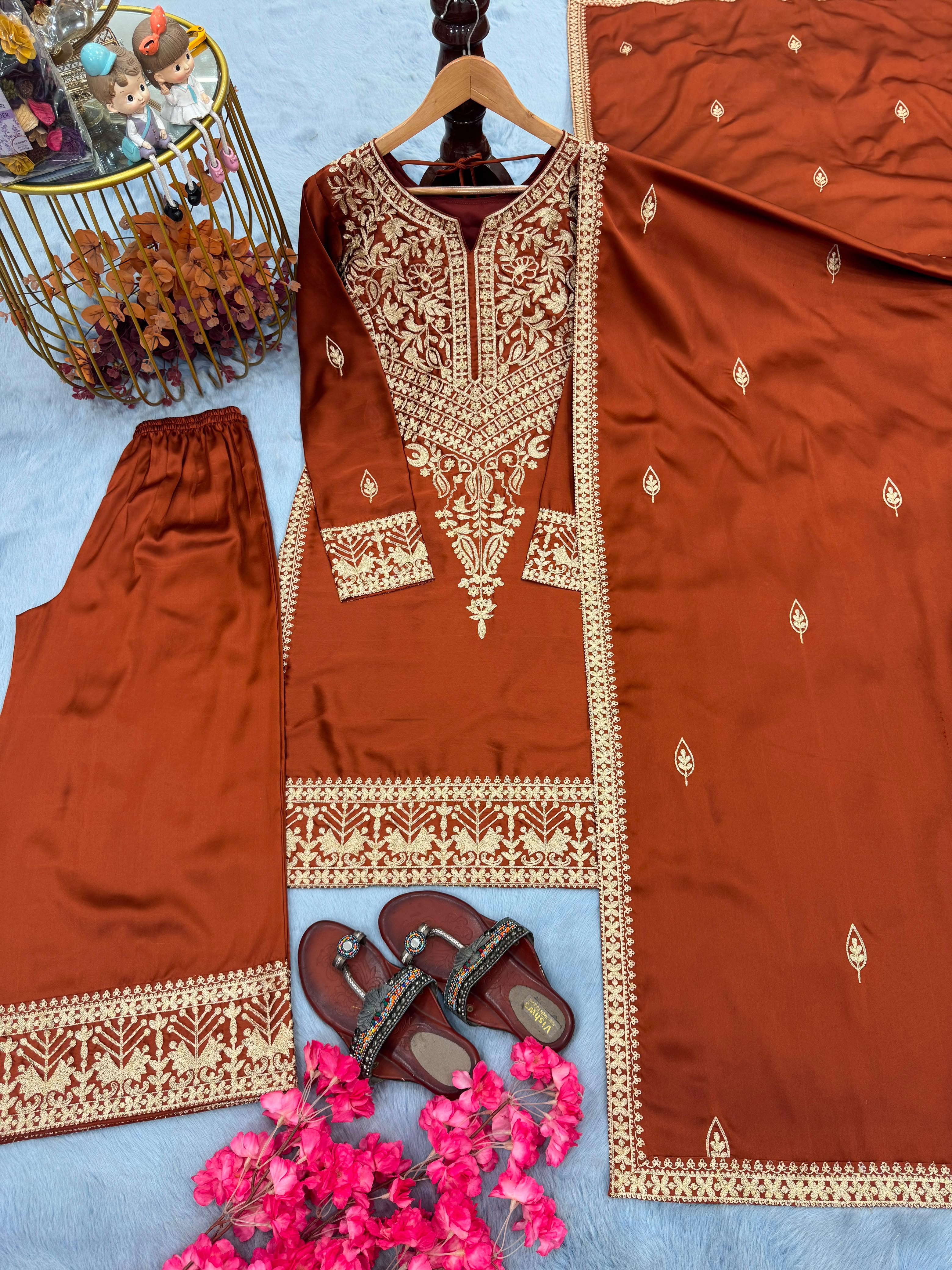 Premium Chinon Silk Embroidered Top, Palazzo & Dupatta Set