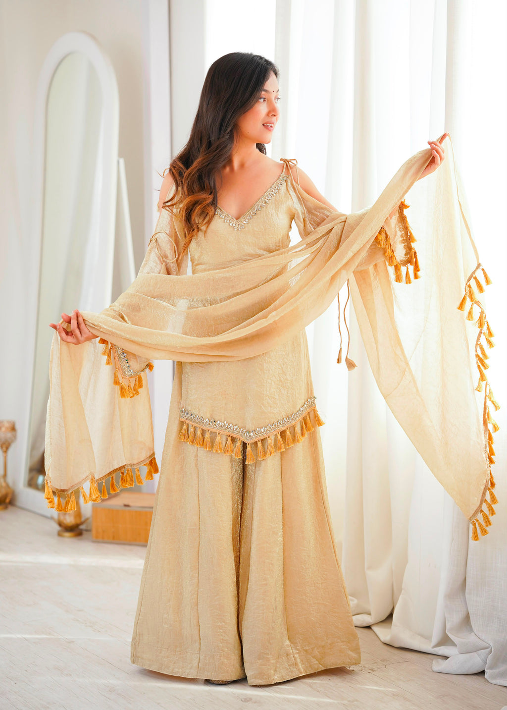 Women's Doremon Crush Palazzo Suit Set with Real Mirror Work & Dupatta
