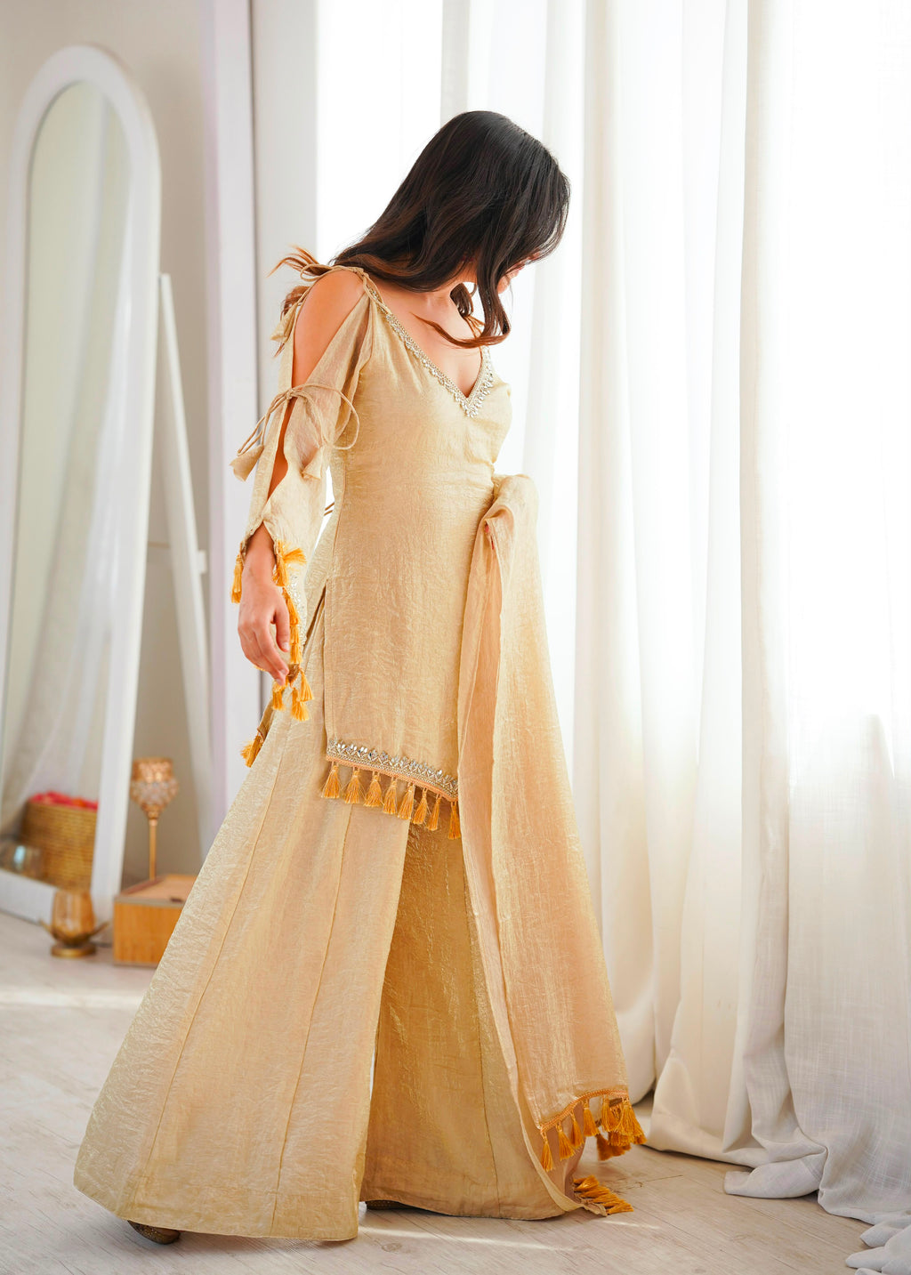 Women's Doremon Crush Palazzo Suit Set with Real Mirror Work & Dupatta