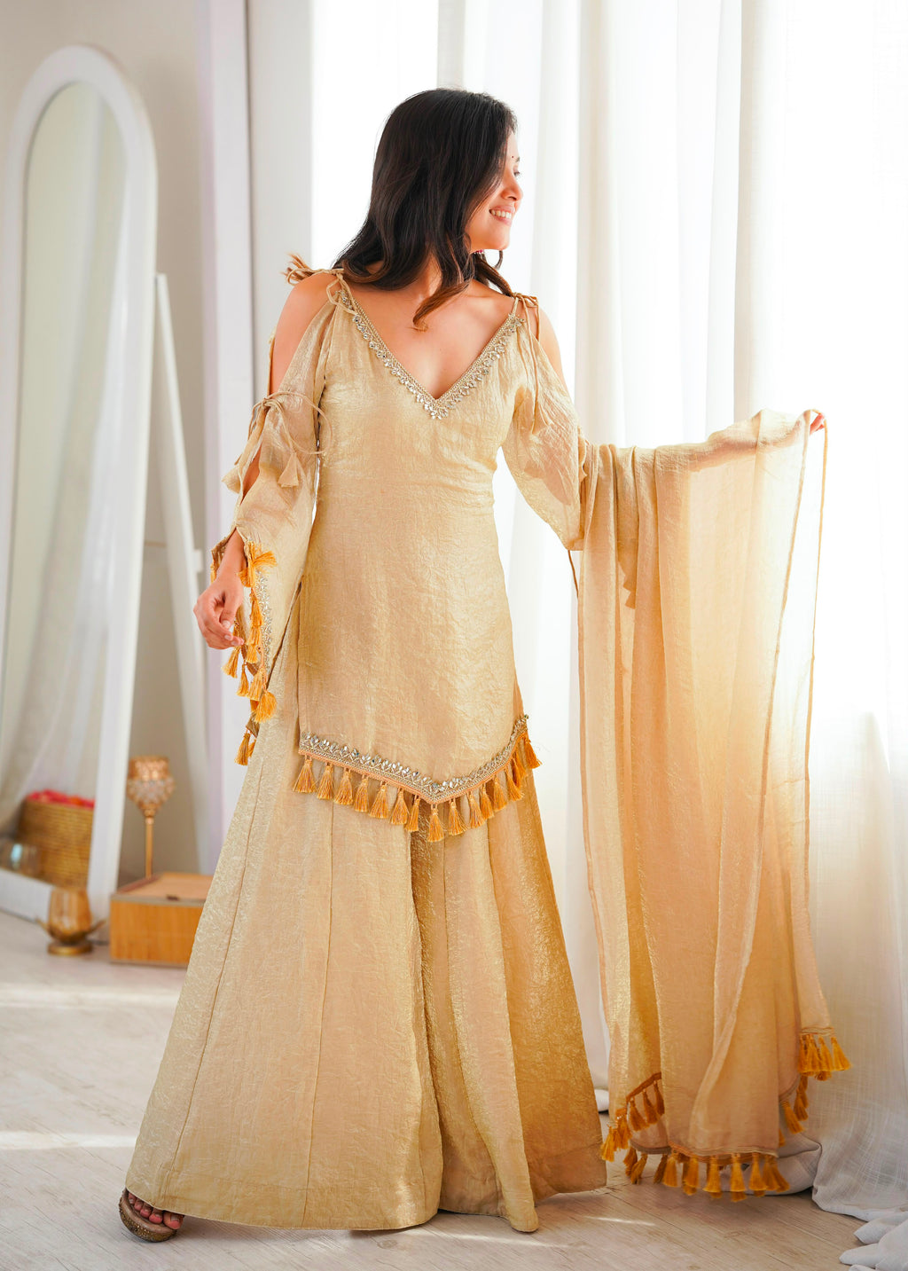Women's Doremon Crush Palazzo Suit Set with Real Mirror Work & Dupatta
