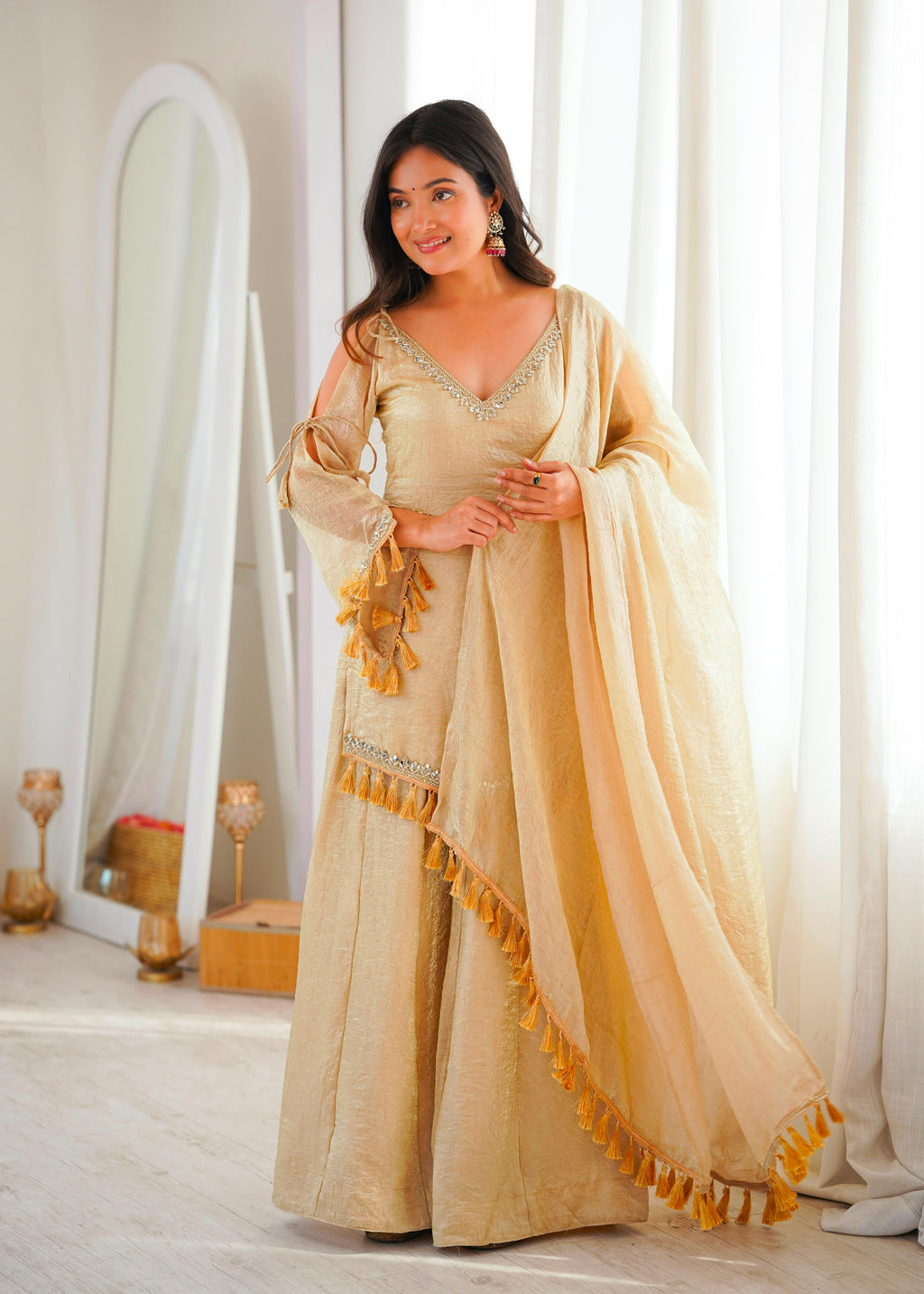 Women's Doremon Crush Palazzo Suit Set with Real Mirror Work & Dupatta