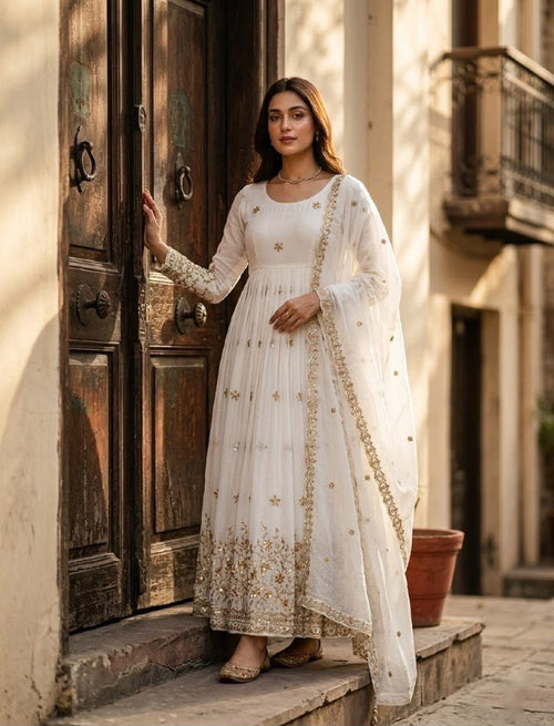 3-Piece Vichitra Silk Embroidered Gown Set with Pants & Dupatta | Style 8063