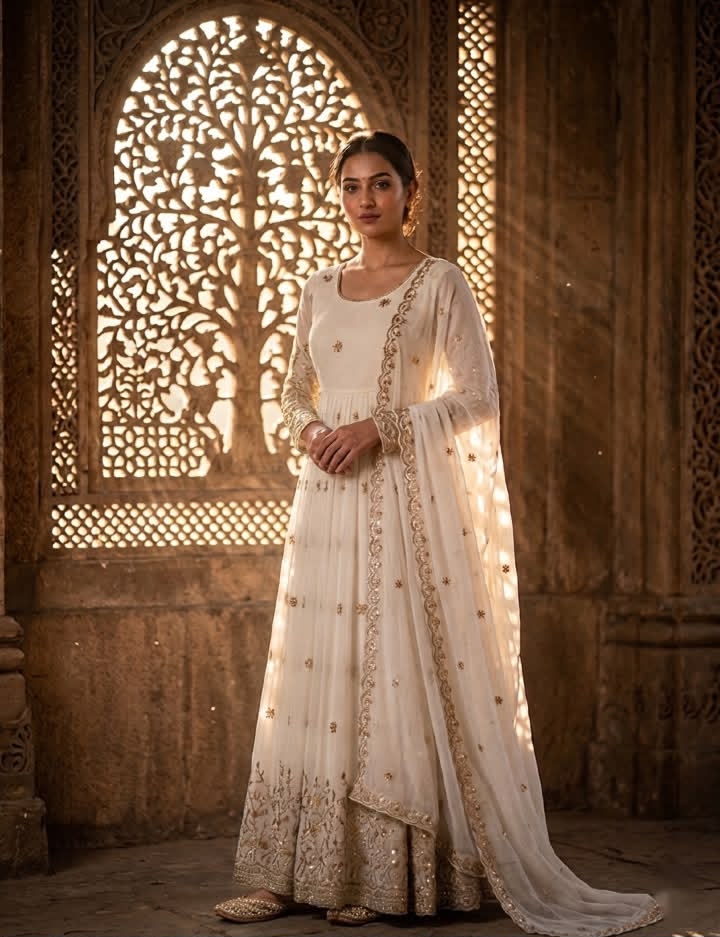3-Piece Vichitra Silk Embroidered Gown Set with Pants & Dupatta | Style 8063