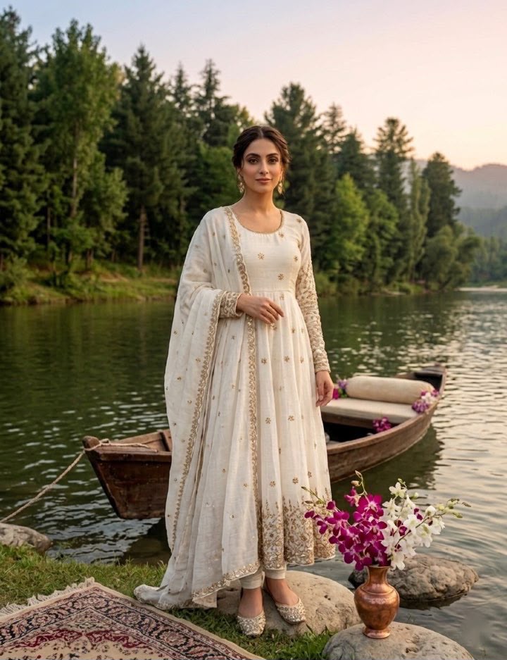 3-Piece Vichitra Silk Embroidered Gown Set with Pants & Dupatta | Style 8063