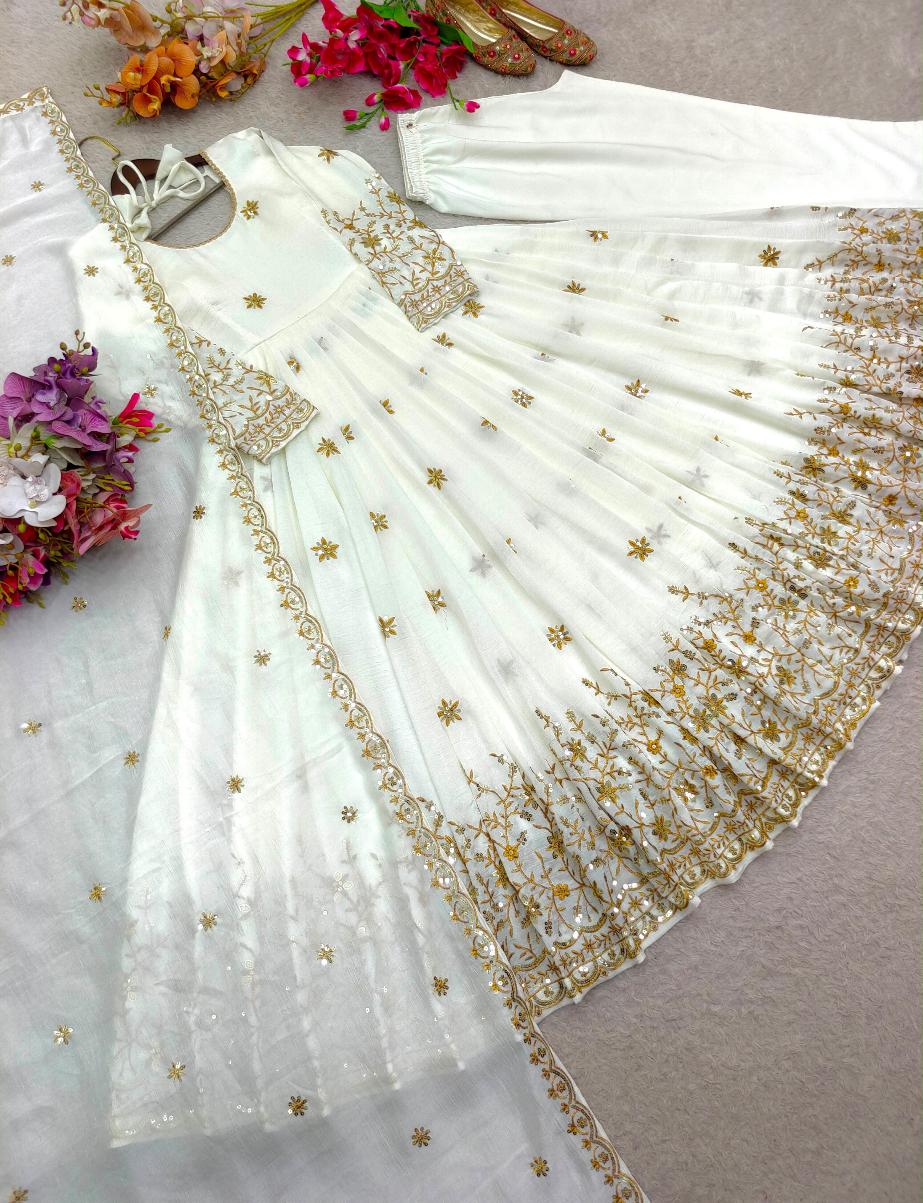 3-Piece Vichitra Silk Embroidered Gown Set with Pants & Dupatta | Style 8063