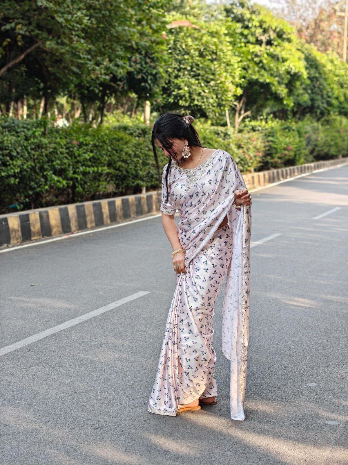 Japan Satin Digital Print Saree with Handwork Khatli Blouse