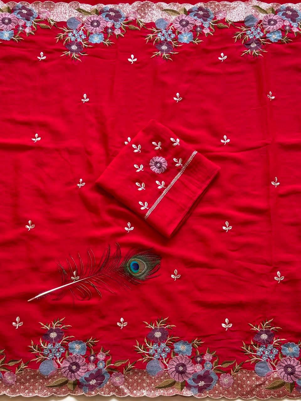 Soft Crush Silk Saree with Multicolor Embroidery Work