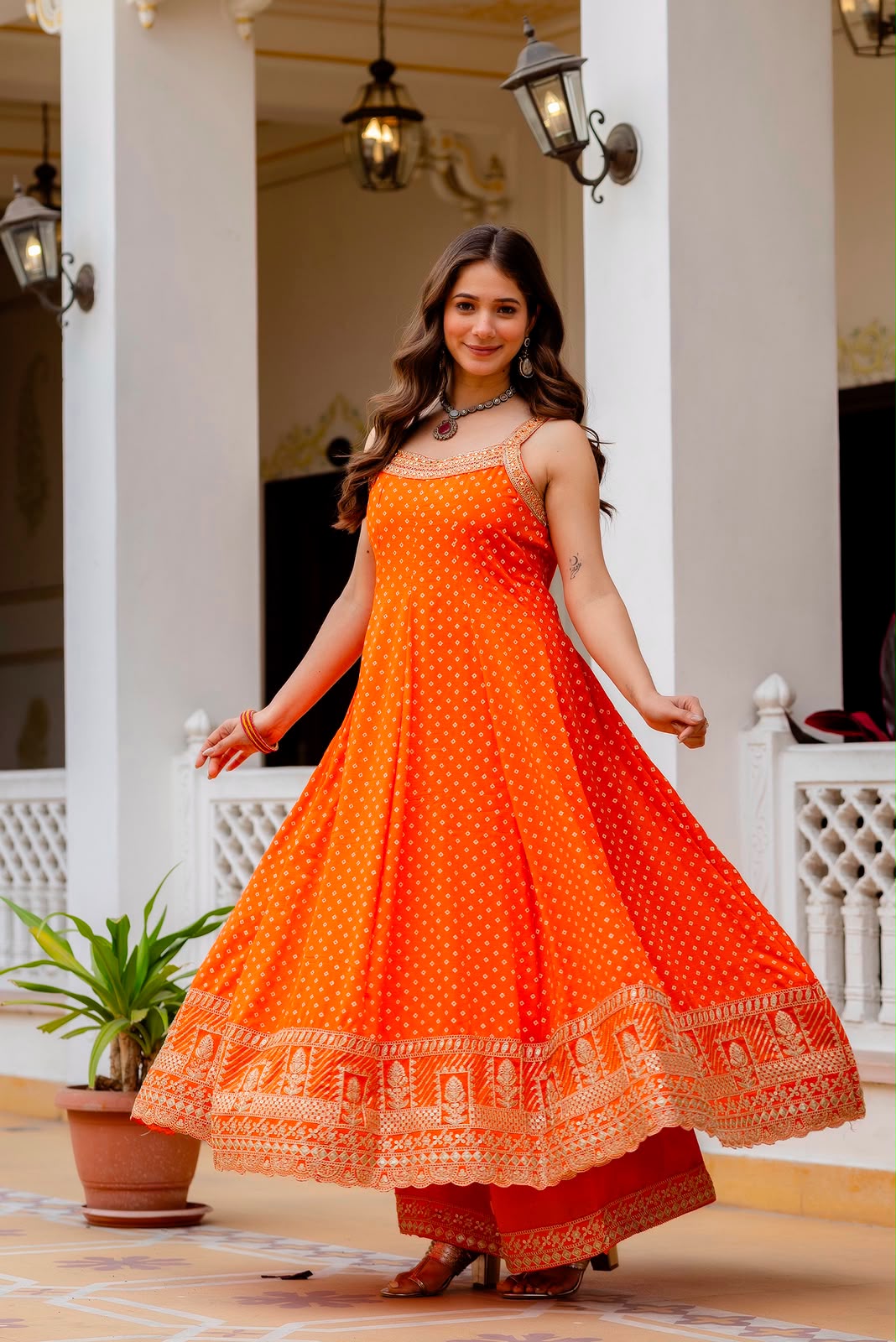 Exclusive Bandhani Silk Gown Set – Real Mirror & Embroidery Handwork
