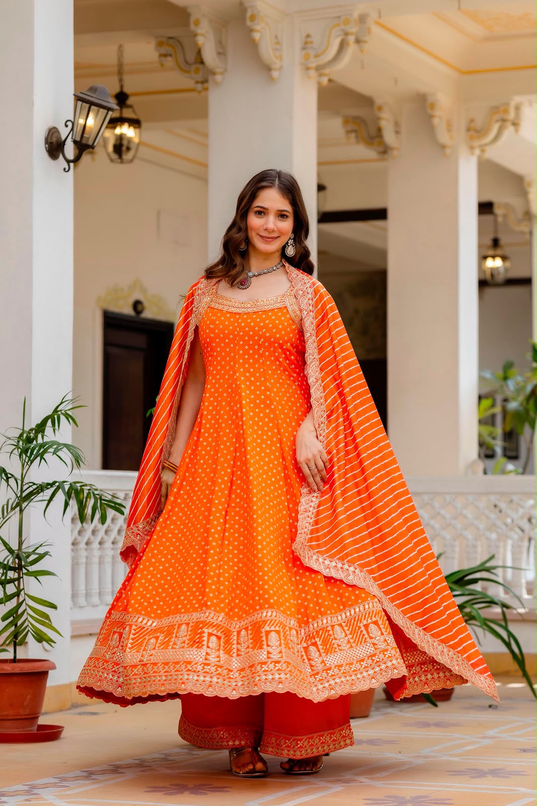 Exclusive Bandhani Silk Gown Set – Real Mirror & Embroidery Handwork