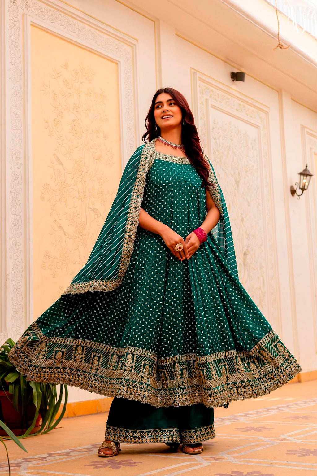 Exclusive Bandhani Silk Gown Set – Real Mirror & Embroidery Handwork