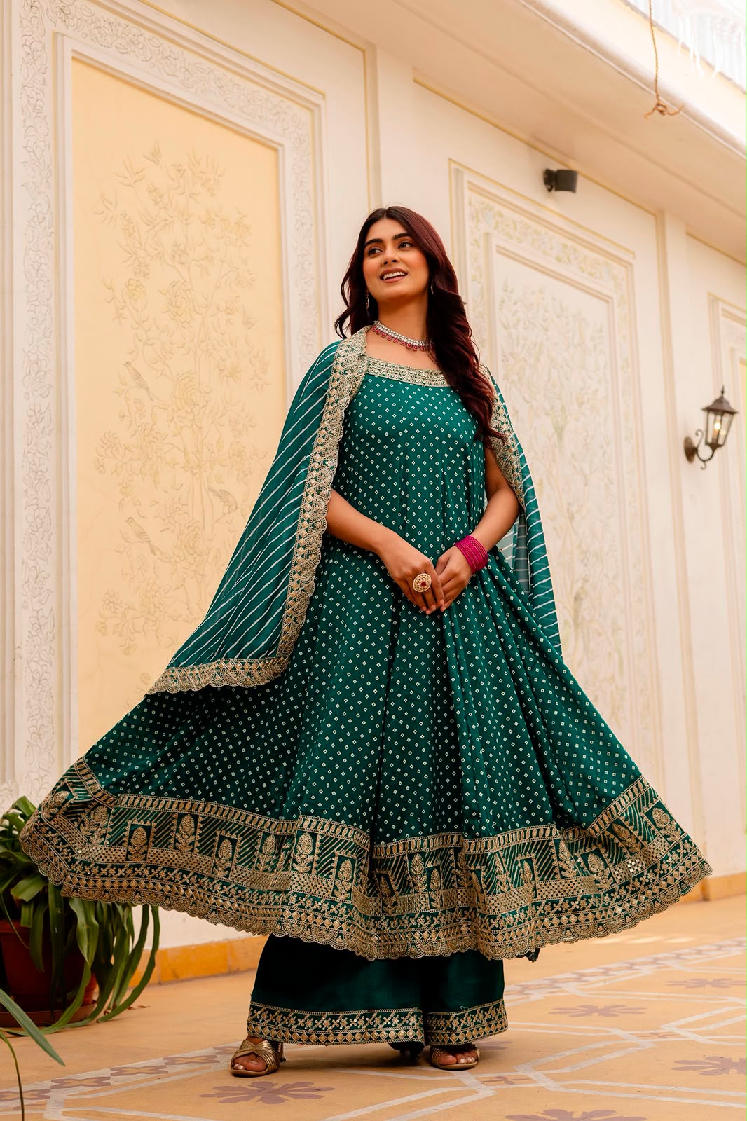 Exclusive Bandhani Silk Gown Set – Real Mirror & Embroidery Handwork