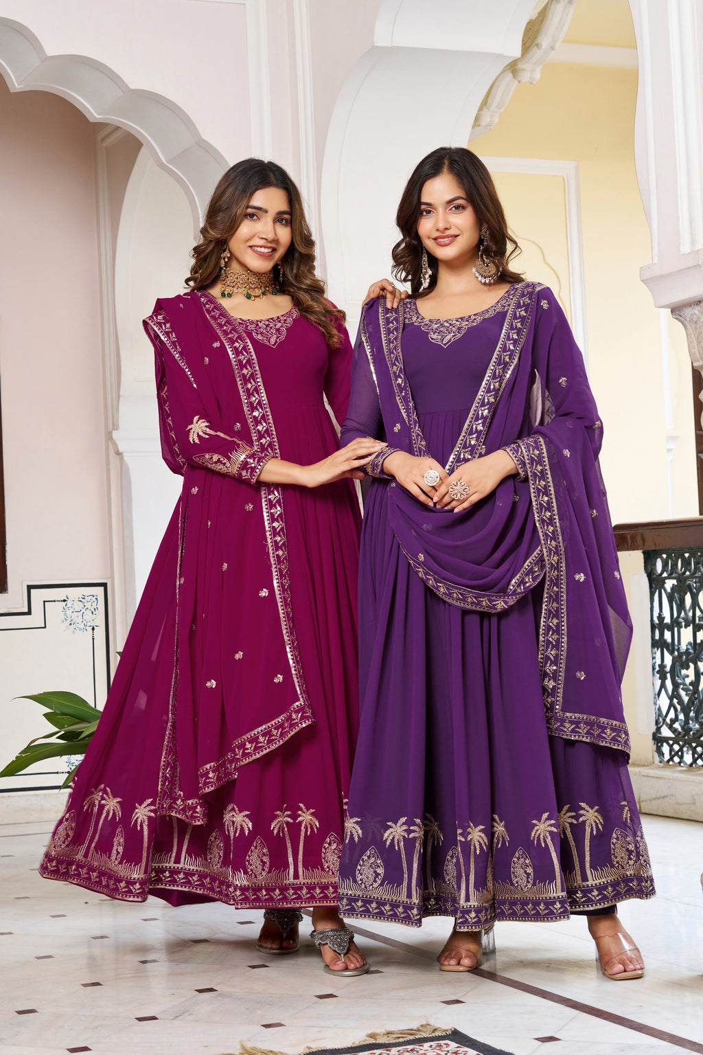 Faux Georgette Sequence & Thread Embroidered Gown Set with Pants & Dupatta